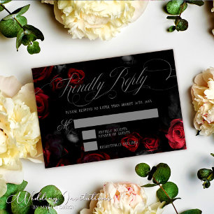 Elegant Calligraphy Black and Red Floral Wedding RSVP Card