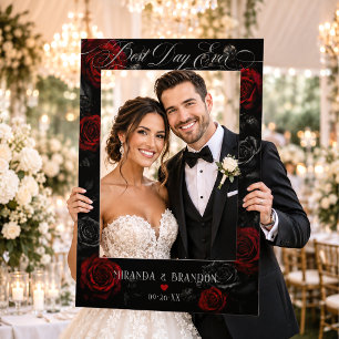 Elegant Calligraphy Black and Red Floral Wedding Selfie Frame