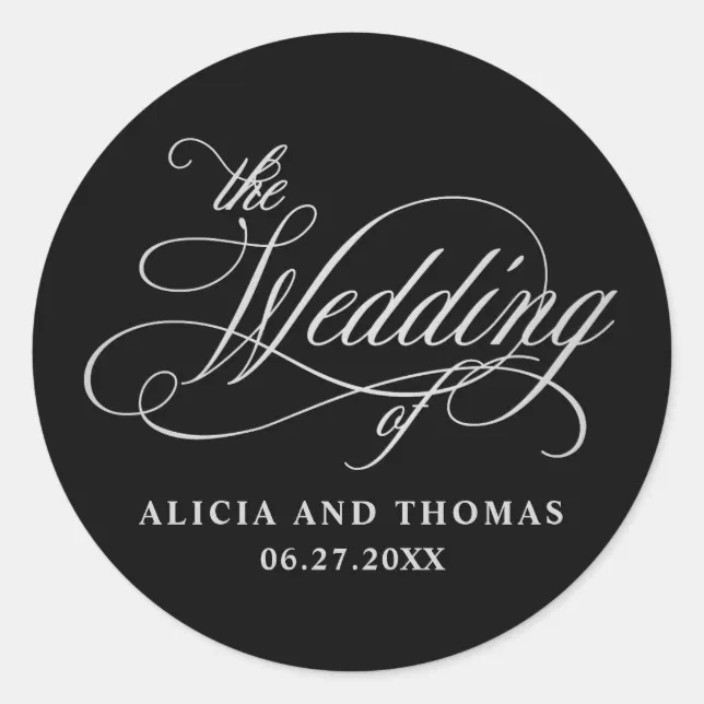 Elegant Calligraphy Black and Silver Wedding Classic Round Sticker | Zazzle