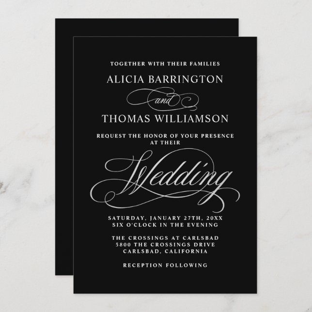 Elegant Calligraphy Black and Silver Wedding Invitation (Front/Back)