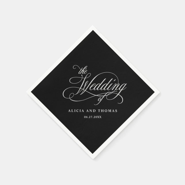 Elegant Calligraphy Black and Silver Wedding Napkins (Corner)