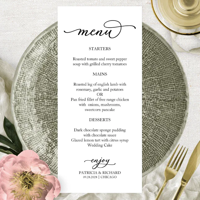 Elegant Calligraphy Black and White Menu | Zazzle