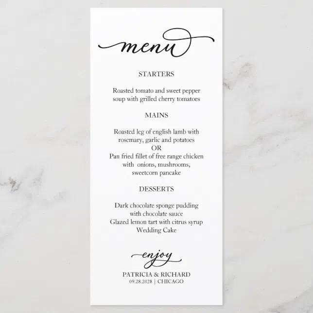 Elegant Calligraphy Black and White Menu | Zazzle