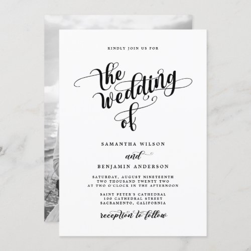 Elegant Calligraphy Black And White Photo Wedding Invitation