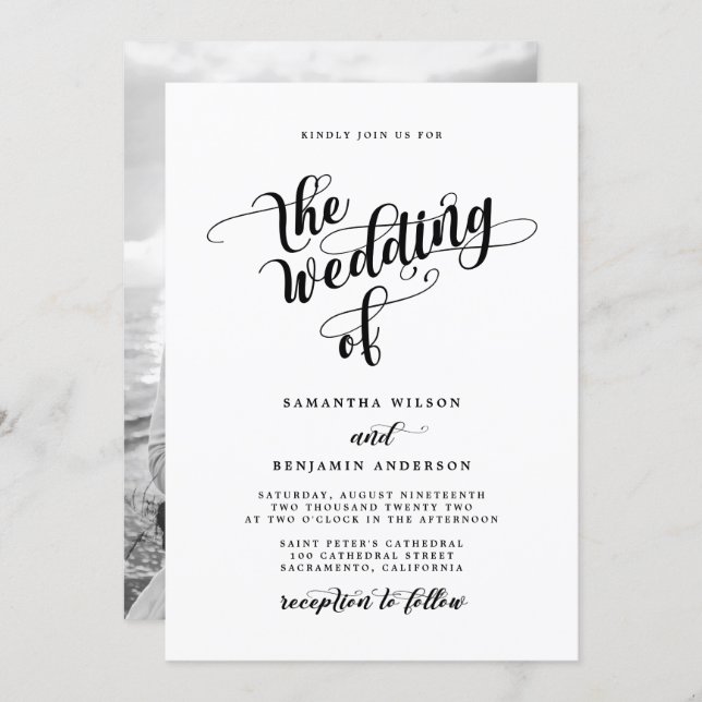 Elegant Calligraphy Black And White Photo Wedding Invitation (Front/Back)