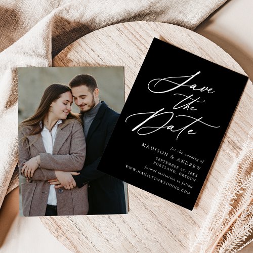 Elegant Calligraphy Black and White Photo Wedding Save The Date