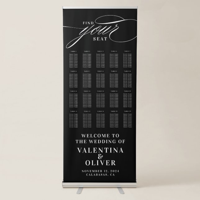 Elegant Calligraphy Black and White Seating Chart  Retractable Banner (Front)