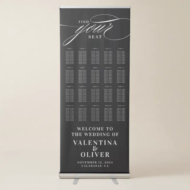 Elegant Calligraphy Black and White Seating Chart Retractable Banner