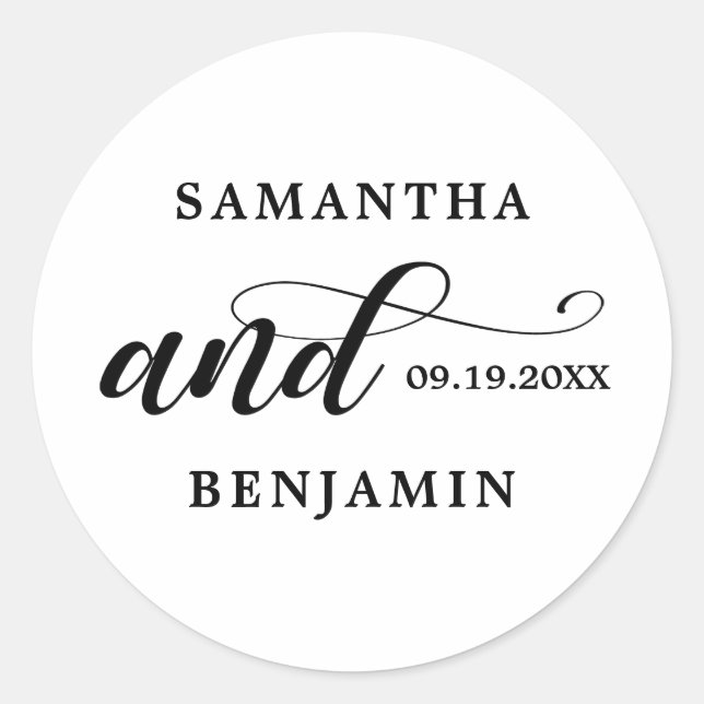 Elegant Calligraphy Black And White Wedding Classic Round Sticker (Front)