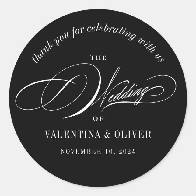Elegant Calligraphy Black and White Wedding Classic Round Sticker | Zazzle