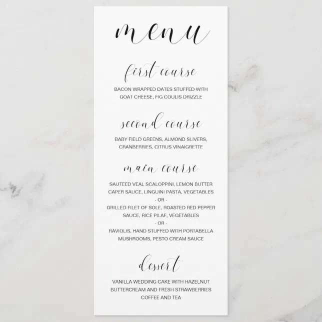 Elegant Calligraphy Black And White Wedding Menu 