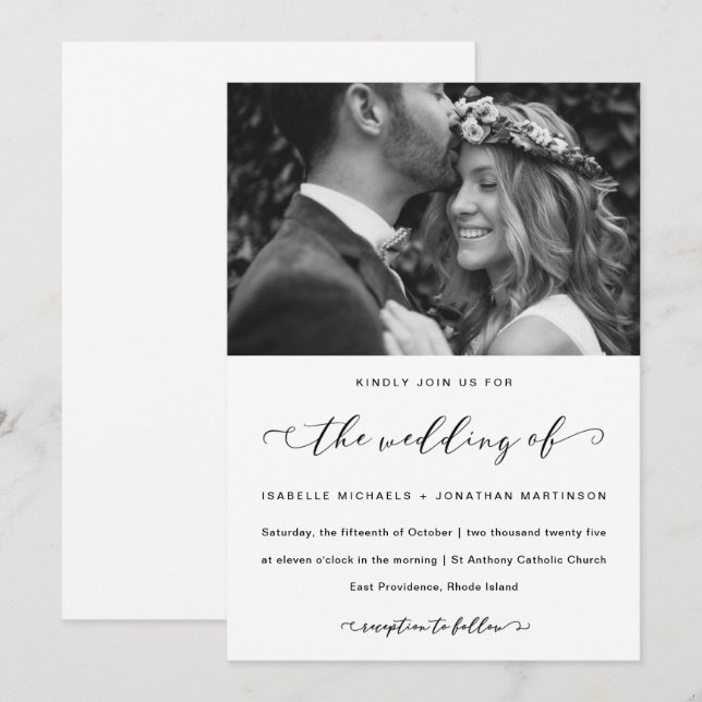 Elegant Calligraphy Black and White Wedding Photo Invitation (Front/Back)
