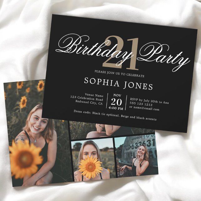 Elegant Calligraphy Black Birthday Photo Invitation (Creator Uploaded)