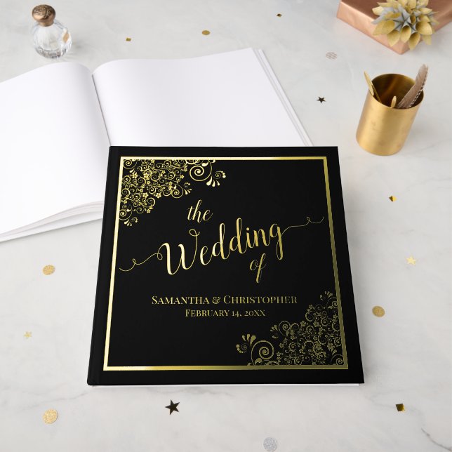 Elegant Calligraphy Black & Gold Foil Wedding Foil Guest Book (Front Open)