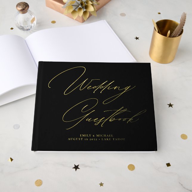 Elegant Calligraphy Black Gold Foil Wedding  Foil Guest Book (Front Open)