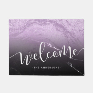 Elegant calligraphy black marble & purple welcome doormat