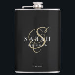 Elegant Calligraphy Black Monogram Bridesmaid Gift Flask<br><div class="desc">This lovely custom bridesmaid flask features personalized bridesmaid's name,  calligraphy monogram in golden color,  bride and groom's names,  and wedding date. All text is editable. You can also easily change the background and fonts colors to match your event if you like.</div>