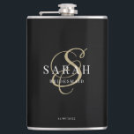 Elegant Calligraphy Black Monogram Bridesmaid Gift Flask<br><div class="desc">This lovely custom bridesmaid flask features personalized bridesmaid's name,  calligraphy monogram in golden color,  bride and groom's names,  and wedding date. All text is editable. You can also easily change the background and fonts colors to match your event if you like.</div>