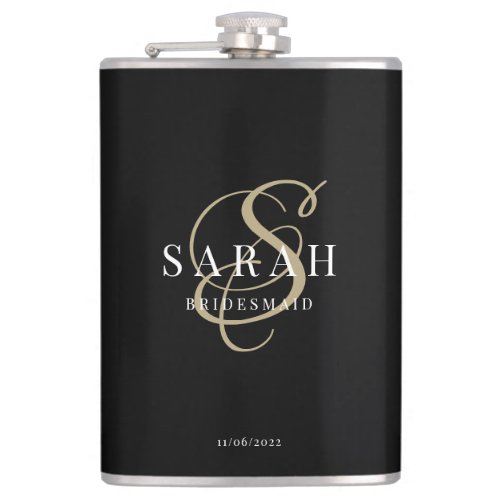 Elegant Calligraphy Black Monogram Bridesmaid Gift Flask