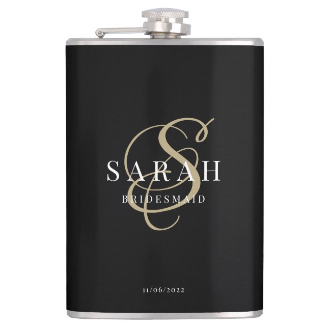 Elegant Calligraphy Black Monogram Bridesmaid Gift Flask (Front)