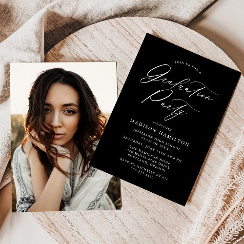 Elegant Calligraphy Black Photo Graduation Party Invitation