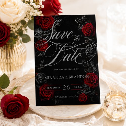 Elegant Calligraphy Black Red Floral Wedding Save The Date
