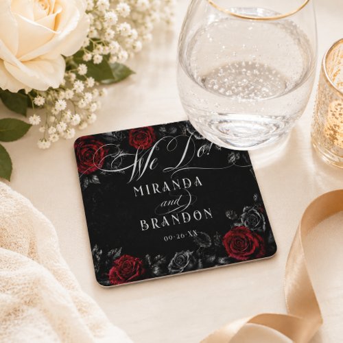 Elegant Calligraphy Black Red Floral Wedding Square Paper Coaster