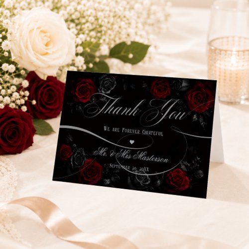Elegant Calligraphy Black Red Floral Wedding Thank You Card