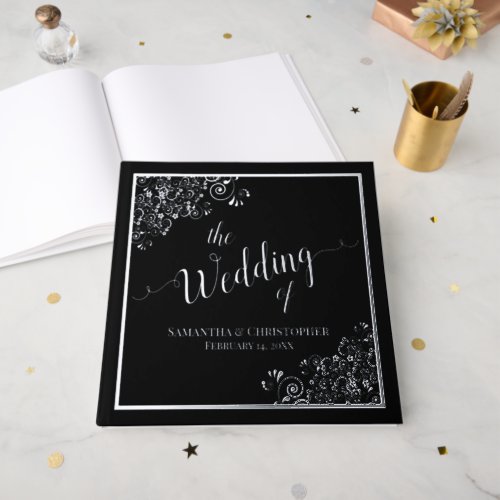 Elegant Calligraphy Black  Silver Foil Wedding Foil Guest Book