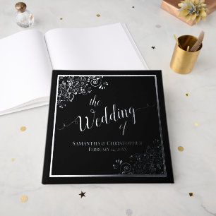 Elegant Calligraphy Black & Silver Foil Wedding Guest Book