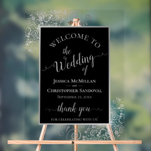 Elegant Calligraphy Black & Silver Wedding Welcome Acrylic Sign