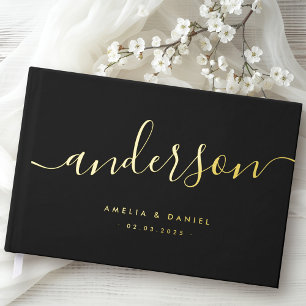 Elegant calligraphy black wedding real foil guest book 