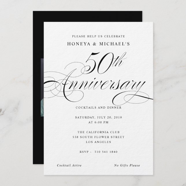 Elegant Calligraphy Black & White 50th Anniversary Invitation (Front/Back)