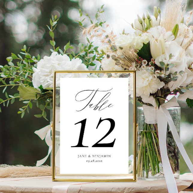 Elegant Calligraphy Black & White Luxury Wedding Table Number (This simple, elegant table number features a handwritten calligraphy script )
