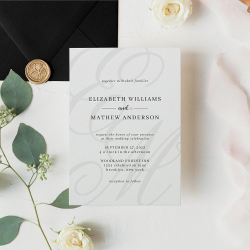 Elegant Calligraphy Black White Monogram Wedding Invitation