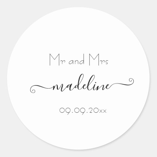 Elegant Calligraphy Black White Mr  Mrs Wedding  Classic Round Sticker