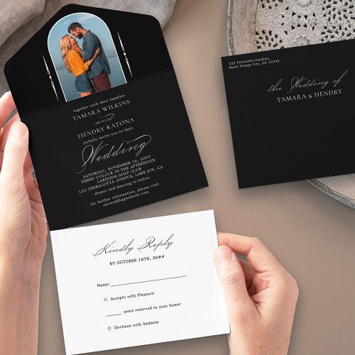 Elegant Calligraphy Black White Photo RSVP Wedding All In One Invitation