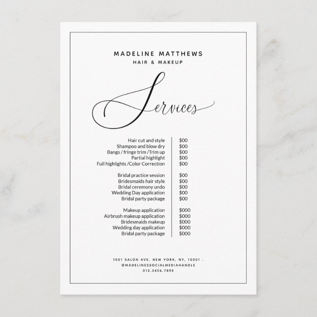 Elegant Calligraphy Black White Salon Price List Menu (Front)