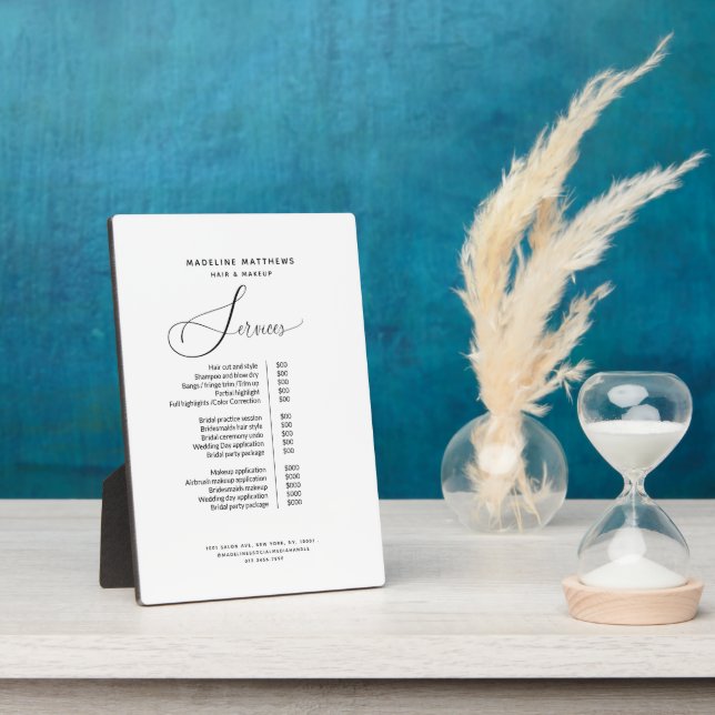 Elegant Calligraphy Black White Salon Price List Plaque (Side)