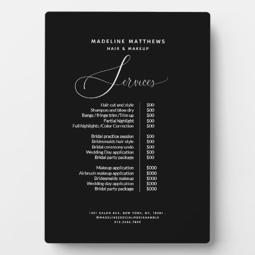 Elegant Calligraphy Black White Salon Price List Plaque Zazzle