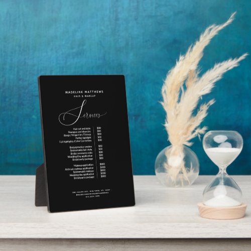 Elegant Calligraphy Black White Salon Price List Plaque