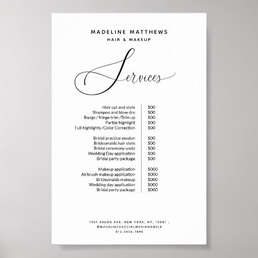 Elegant Calligraphy Black White Salon Price List Poster Zazzle