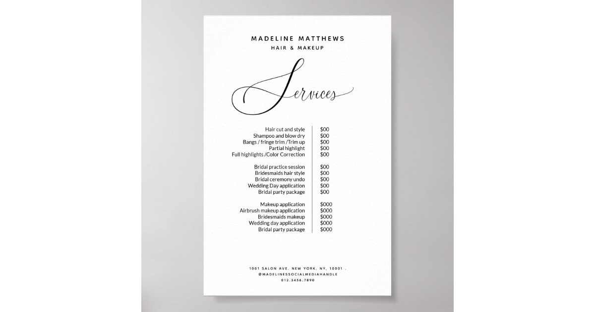 Elegant Calligraphy Black White Salon Price List Poster Zazzle