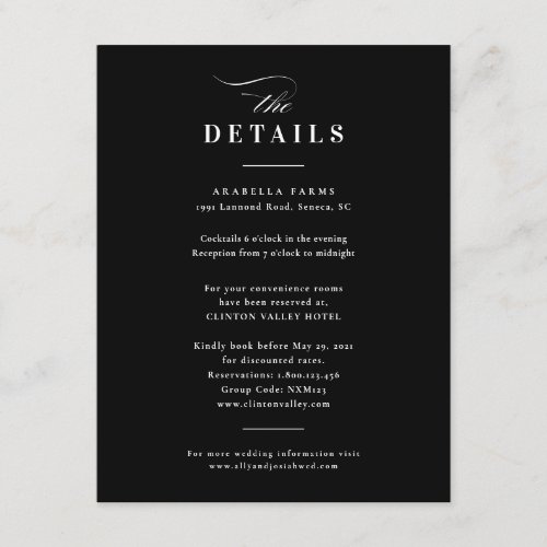 Elegant Calligraphy Black  White Wedding  Details Enclosure Card