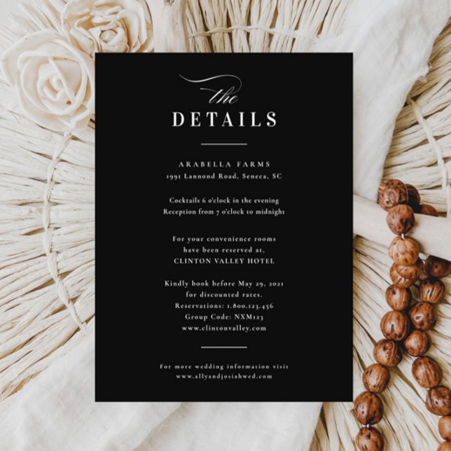 Elegant Calligraphy Black & White Wedding  Details Enclosure Card (Elegant black and white wedding details enclosure cards.)