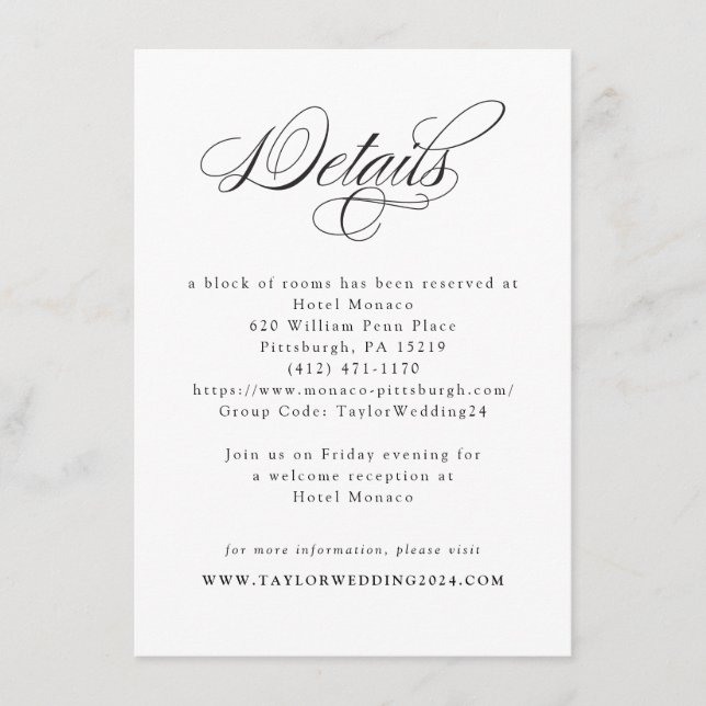 Elegant Calligraphy Black White Wedding Details Enclosure Card (Front)