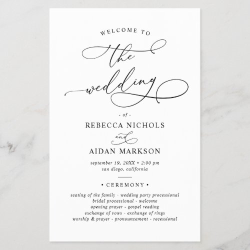 Elegant Calligraphy Black & White Wedding Program - Designed to coordinate with our Classic BnW wedding collection, this customizable Ceremony program card, features a sweeping script calligraphy text paired with a classy serif font in black. Background & text colours can be changed to match any color theme. Matching items available.