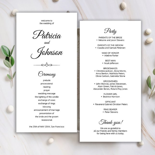 Elegant calligraphy black white wedding program (Creator Uploaded)