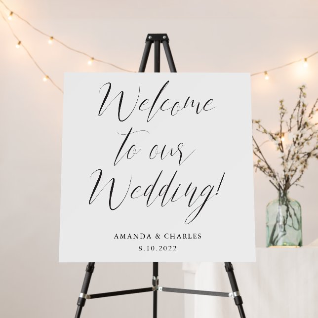 Elegant Calligraphy Black White Wedding Welcome Foam Board (In Situ (Stand))