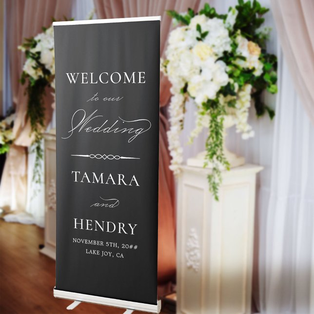Elegant Calligraphy Black White Wedding Welcome Retractable Banner (Creator Uploaded)